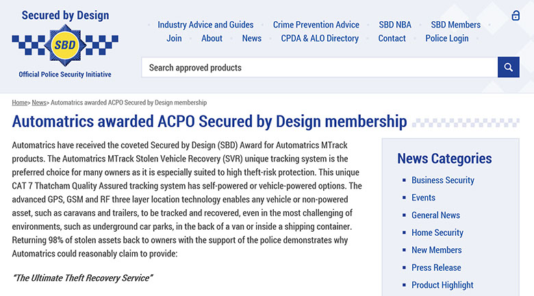Automatrics awarded Police CPI Secured By Design Membership press release