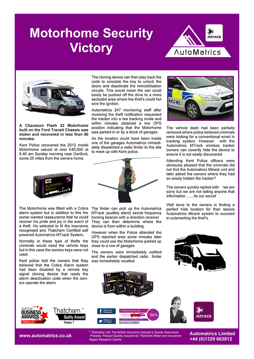 Motorhome Security Theft Recovery Story From Automatrics MTrack for Stolen Chausson Flash 22 Motorhome