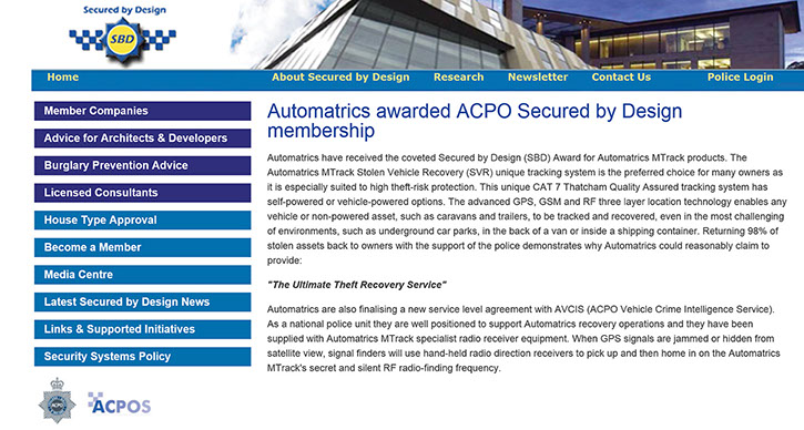 Motorhome Security Automatrics MTrack ACPO Secured By Design Membership